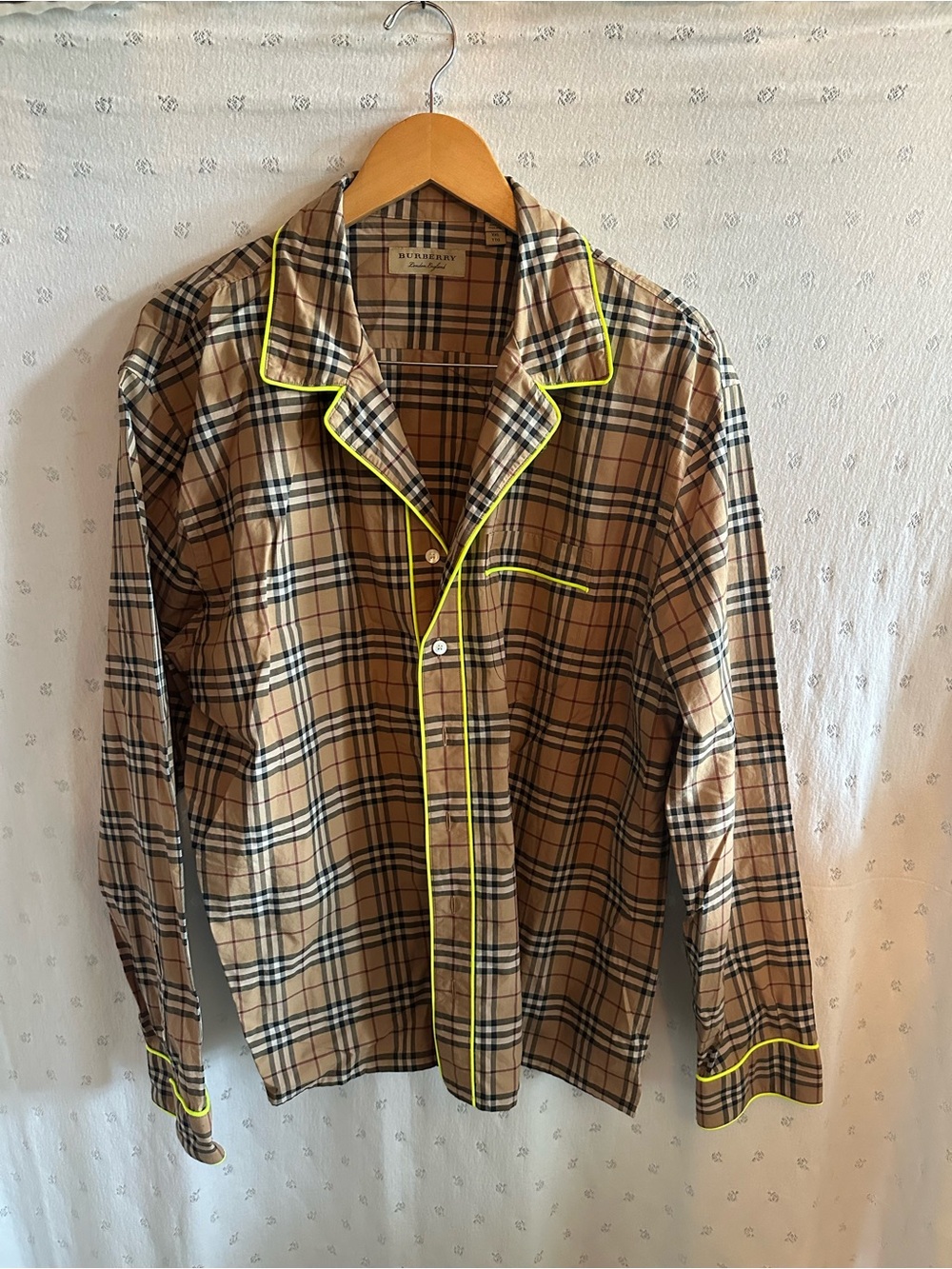 Burberry Tan Nova Check Button-Down Top with Neon Yellow Trim